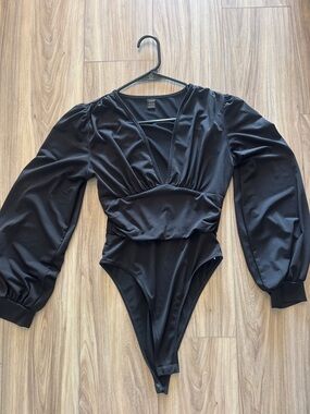 Black Long-Sleeve Plunge Bodysuit
